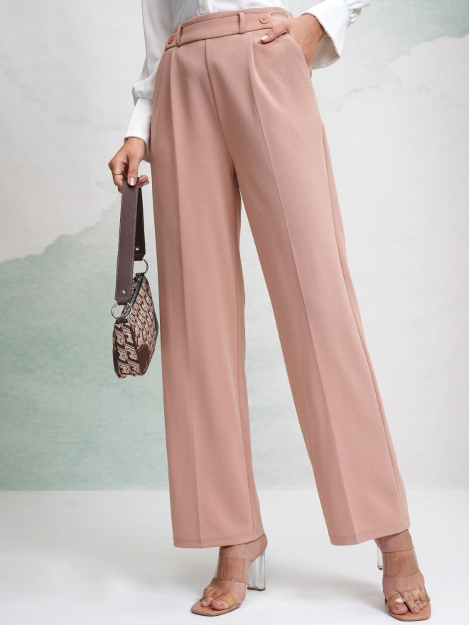 Tokyo Talkies Women Peach Solid Wide Leg Casual Trouser - Peach - Image 1