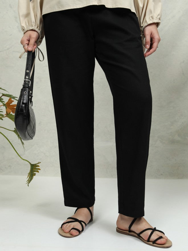 Tokyo Talkies Women Black Solid Tapered Fit Casual Trouser - Black - Image 1