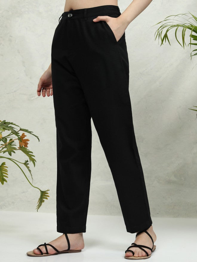 Tokyo Talkies Women Black Solid Tapered Fit Casual Trouser - Black - Image 4