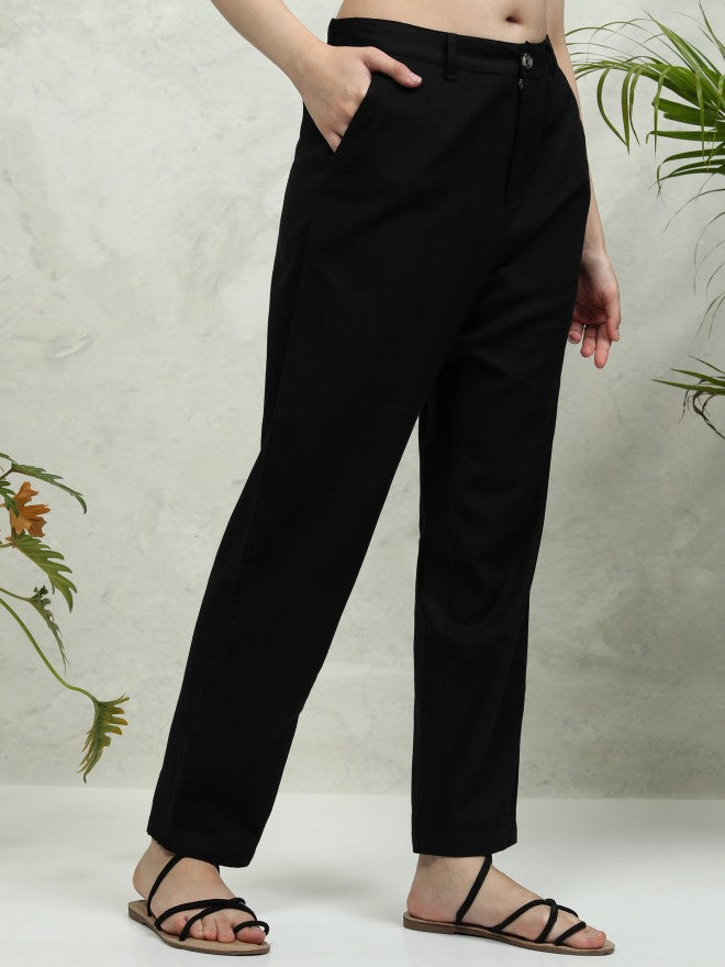 Tokyo Talkies Women Black Solid Tapered Fit Casual Trouser - Black - Image 6