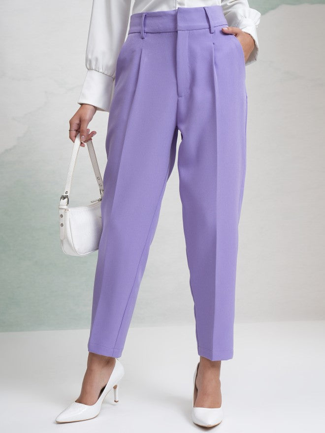Tokyo Talkies Women Purple Solid Regular Fit Casual Trouser - Purple - Image 1