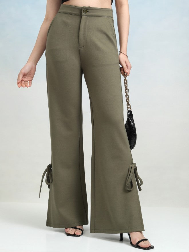 Tokyo Talkies Women Olive Solid Flared Casual Trouser - Olive - Image 1