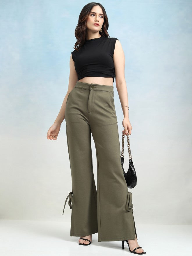 Tokyo Talkies Women Olive Solid Flared Casual Trouser - Olive - Image 2