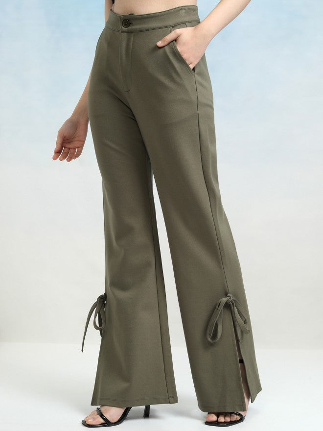 Tokyo Talkies Women Olive Solid Flared Casual Trouser - Olive - Image 4