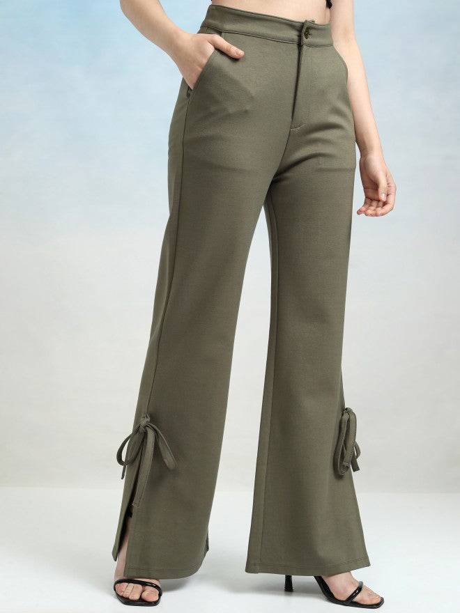 Tokyo Talkies Women Olive Solid Flared Casual Trouser - Olive - Image 6