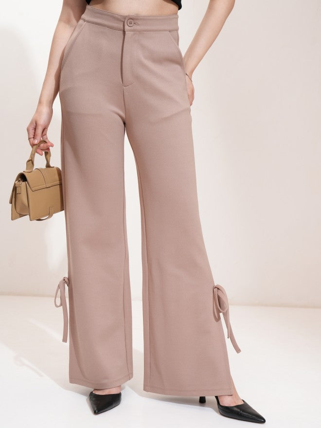 Tokyo Talkies Women Taupe Solid Flared Casual Trouser - Taupe - Image 1