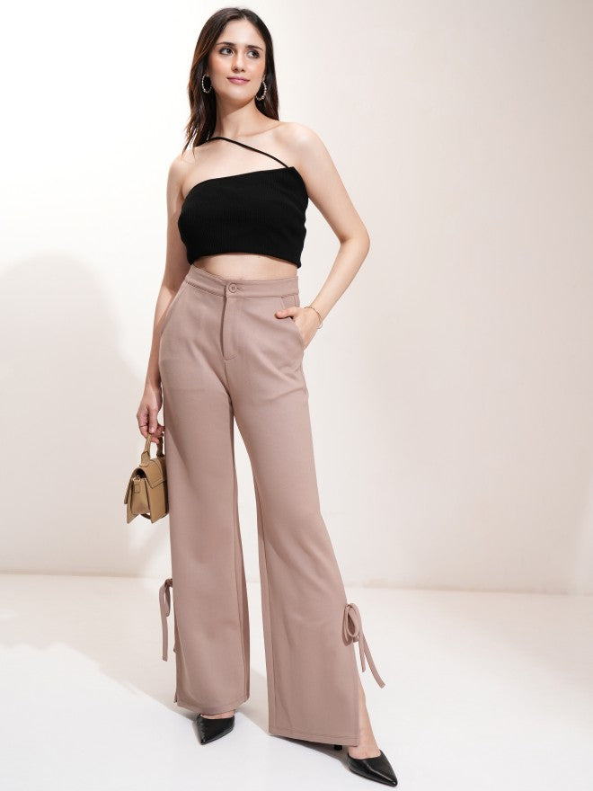 Tokyo Talkies Women Taupe Solid Flared Casual Trouser - Taupe - Image 2