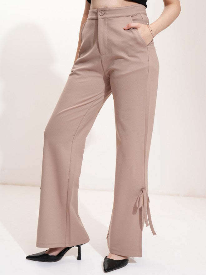 Tokyo Talkies Women Taupe Solid Flared Casual Trouser - Taupe - Image 4