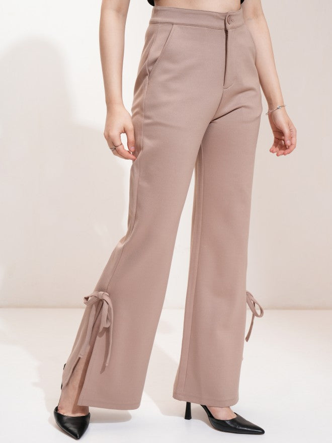 Tokyo Talkies Women Taupe Solid Flared Casual Trouser - Taupe - Image 6