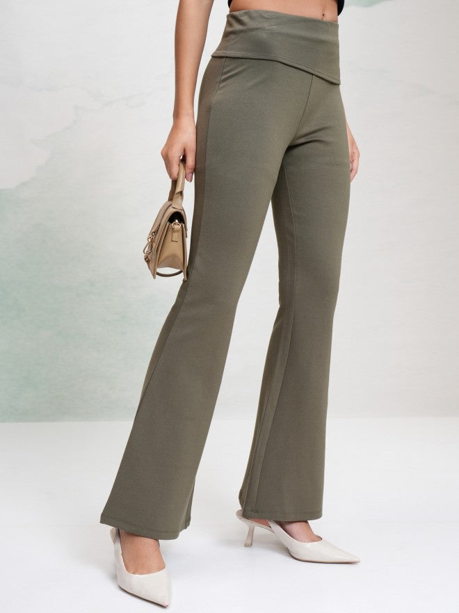 Tokyo Talkies Women Olive Solid Flared Casual Trouser - Olive - Image 1