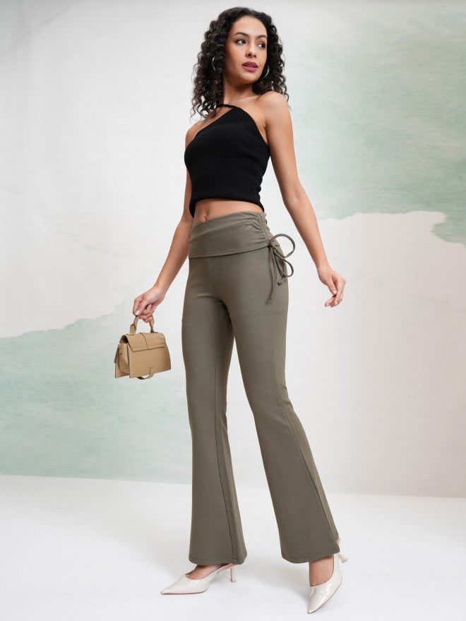 Tokyo Talkies Women Olive Solid Flared Casual Trouser - Olive - Image 2