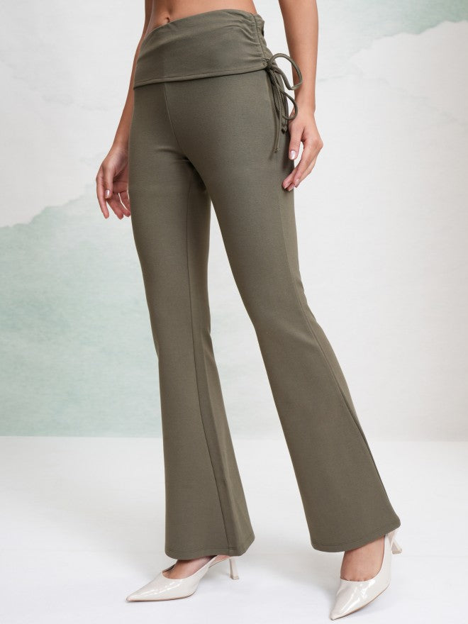 Tokyo Talkies Women Olive Solid Flared Casual Trouser - Olive - Image 4