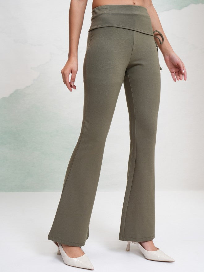 Tokyo Talkies Women Olive Solid Flared Casual Trouser - Olive - Image 6