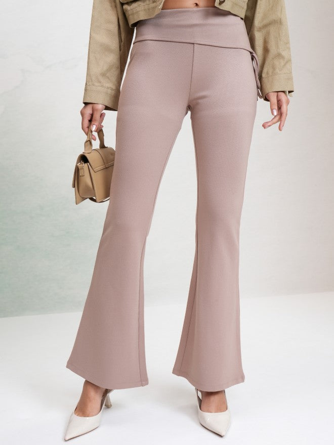 Tokyo Talkies Women Taupe Solid Flared Casual Trouser - Taupe - Image 1