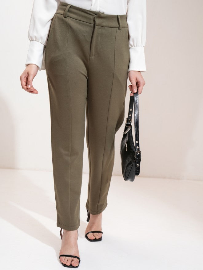 Tokyo Talkies Women Olive Tapered Fit Solid Bootcut Trousers - Olive - Image 1