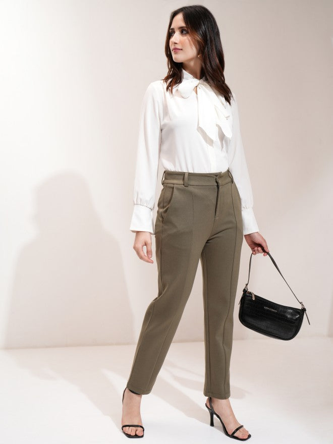 Tokyo Talkies Women Olive Tapered Fit Solid Bootcut Trousers - Olive - Image 2