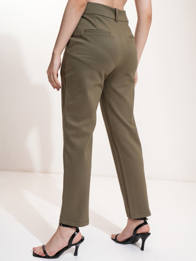 Tokyo Talkies Women Olive Tapered Fit Solid Bootcut Trousers - Olive - Image 3