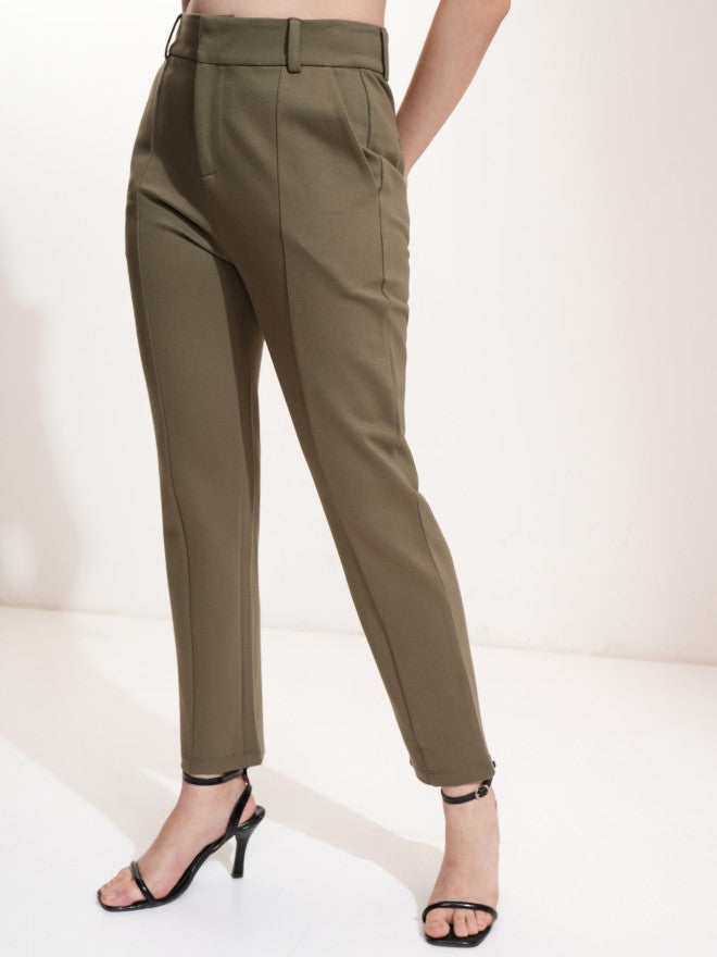 Tokyo Talkies Women Olive Tapered Fit Solid Bootcut Trousers - Olive - Image 4