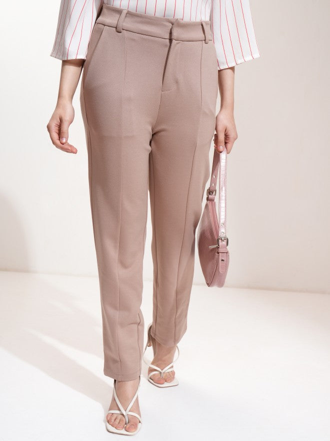 Tokyo Talkies Women Taupe Solid Tapered Fit Casual Trouser - Taupe - Image 1