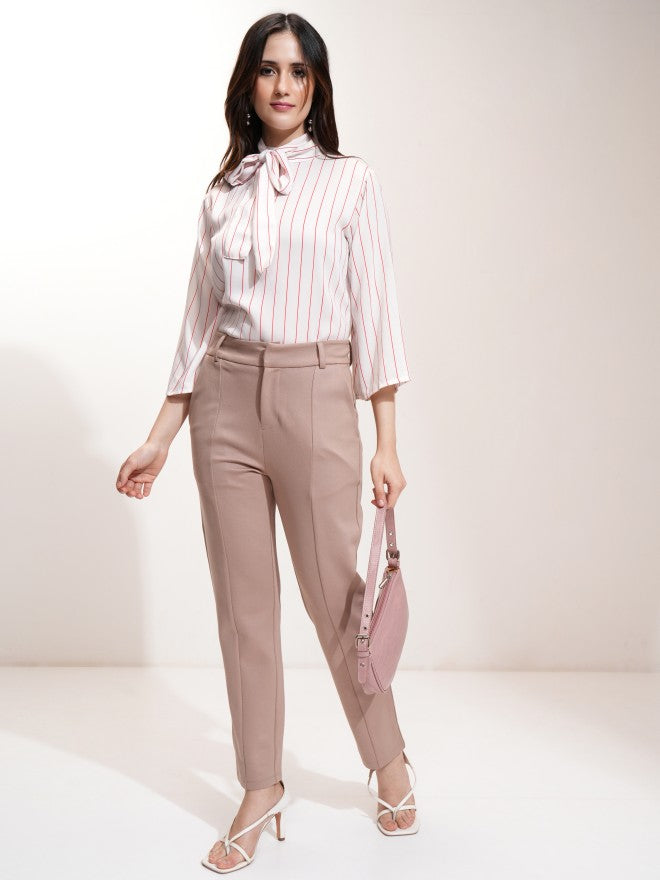 Tokyo Talkies Women Taupe Solid Tapered Fit Casual Trouser - Taupe - Image 2