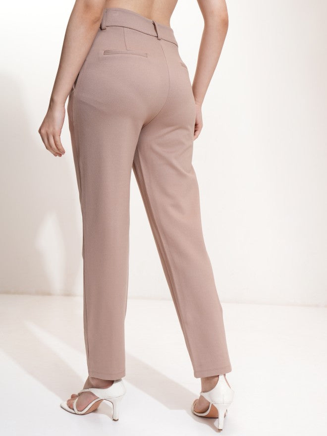 Tokyo Talkies Women Taupe Solid Tapered Fit Casual Trouser - Taupe - Image 3
