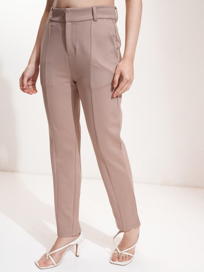 Tokyo Talkies Women Taupe Solid Tapered Fit Casual Trouser - Taupe - Image 4