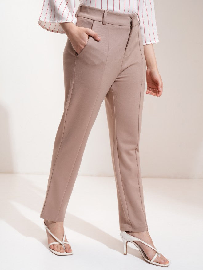 Tokyo Talkies Women Taupe Solid Tapered Fit Casual Trouser - Taupe - Image 6