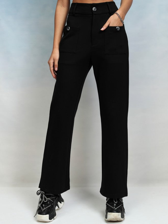 Tokyo Talkies Women Black Solid Straight Fit Casual Trouser - Black - Image 1