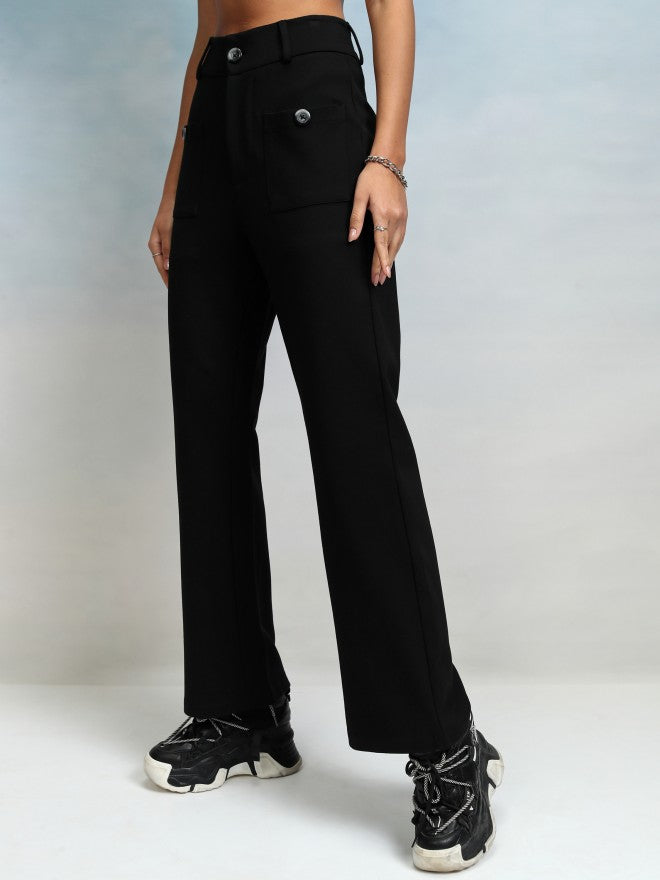 Tokyo Talkies Women Black Solid Straight Fit Casual Trouser - Black - Image 4