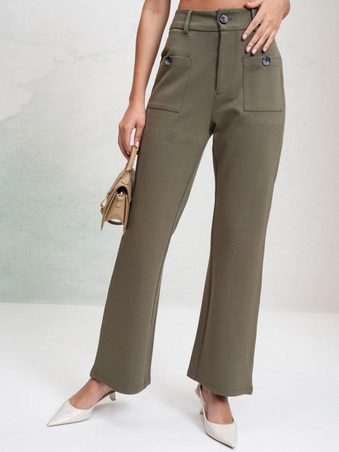 Tokyo Talkies Women Olive Solid Flared Casual Trouser - Olive - Image 1