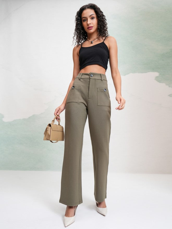Tokyo Talkies Women Olive Solid Flared Casual Trouser - Olive - Image 2