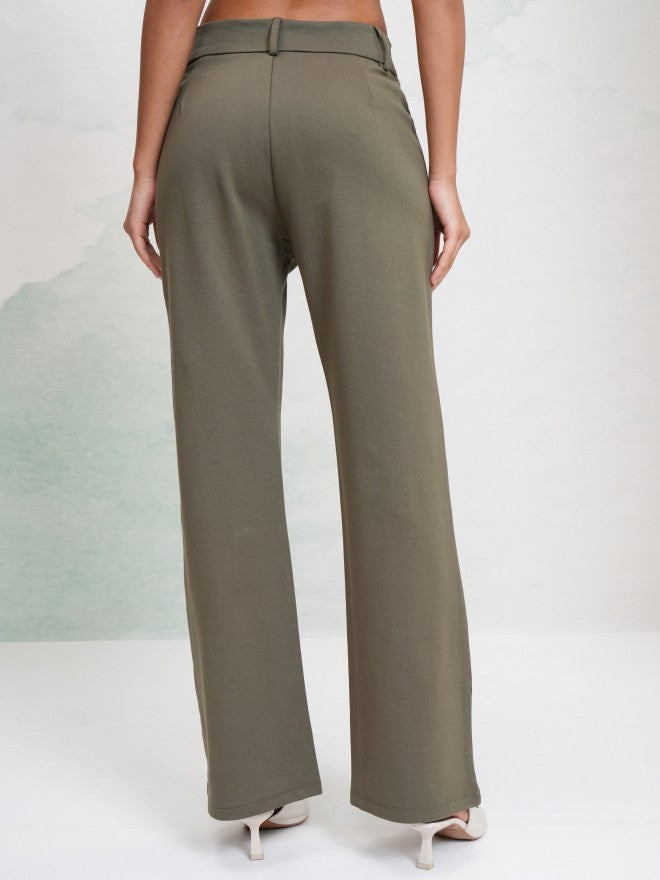 Tokyo Talkies Women Olive Solid Flared Casual Trouser - Olive - Image 3