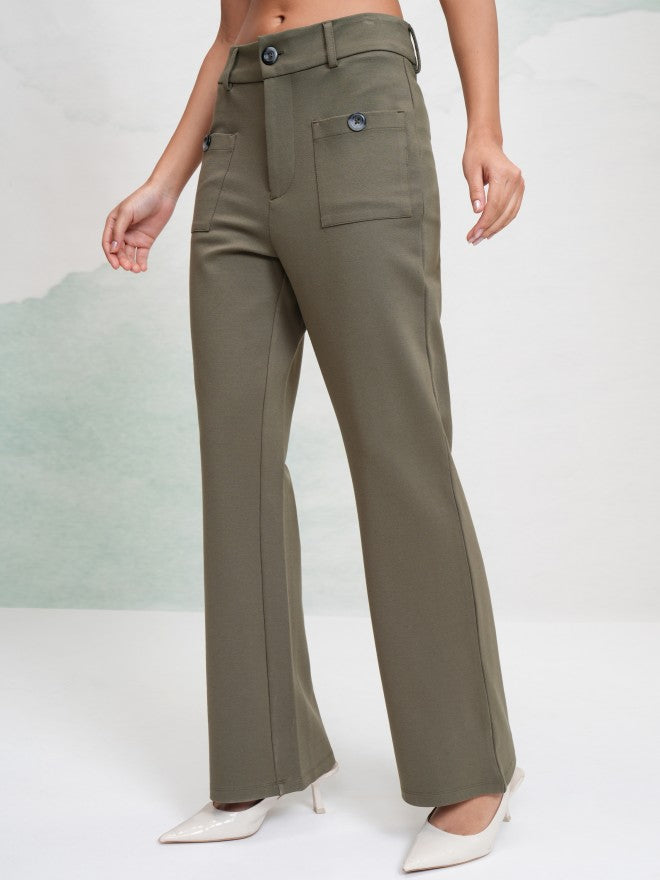 Tokyo Talkies Women Olive Solid Flared Casual Trouser - Olive - Image 4
