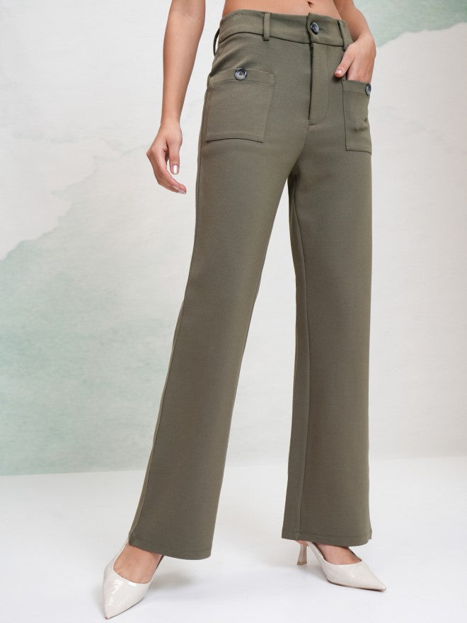 Tokyo Talkies Women Olive Solid Flared Casual Trouser - Olive - Image 6