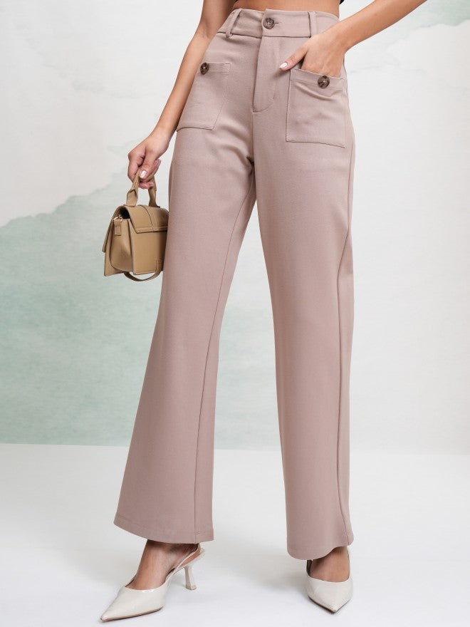 Tokyo Talkies Women Taupe Solid Flared Casual Trouser - Taupe - Image 1