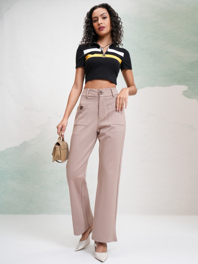 Tokyo Talkies Women Taupe Solid Flared Casual Trouser - Taupe - Image 2