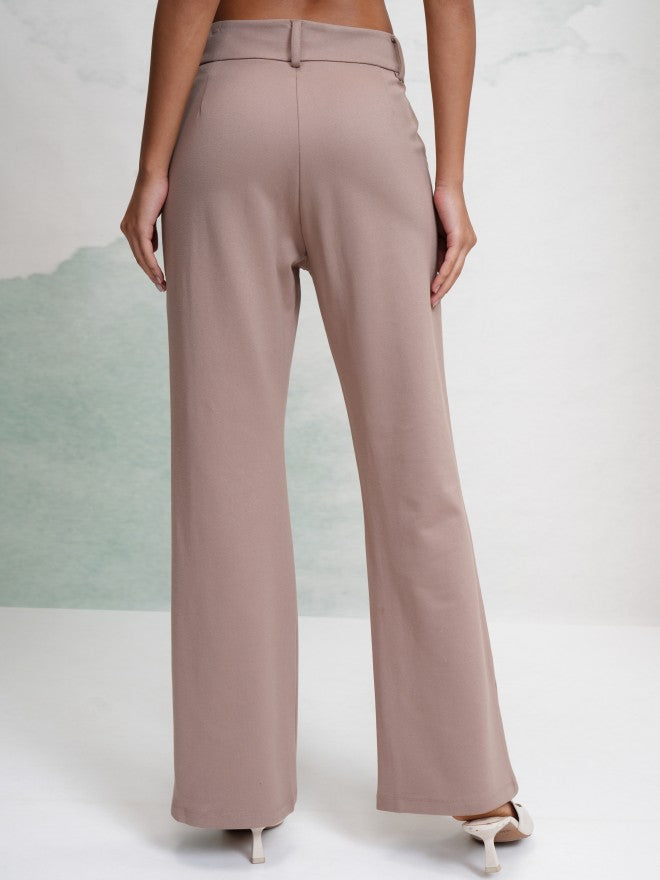 Tokyo Talkies Women Taupe Solid Flared Casual Trouser - Taupe - Image 3