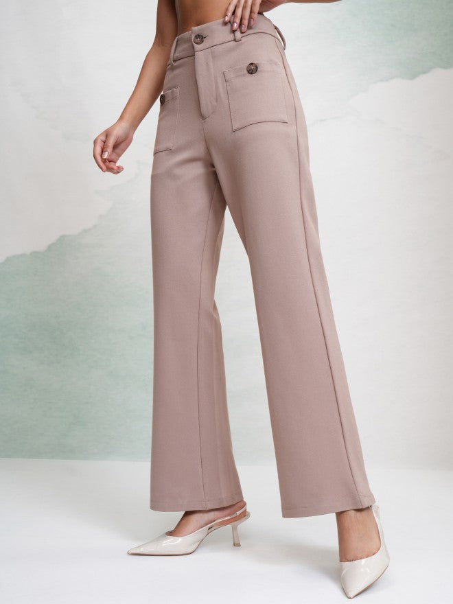 Tokyo Talkies Women Taupe Solid Flared Casual Trouser - Taupe - Image 4