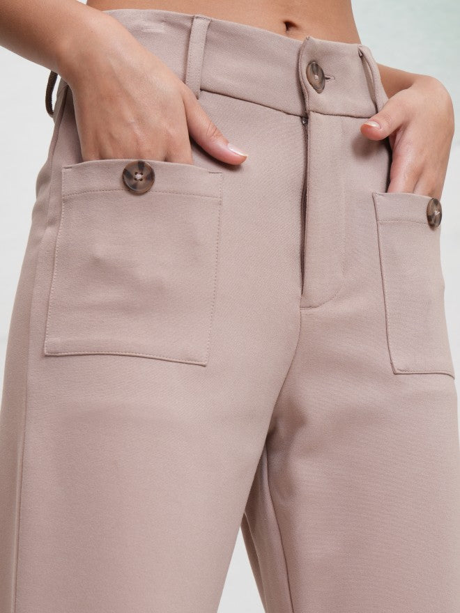 Tokyo Talkies Women Taupe Solid Flared Casual Trouser - Taupe - Image 5