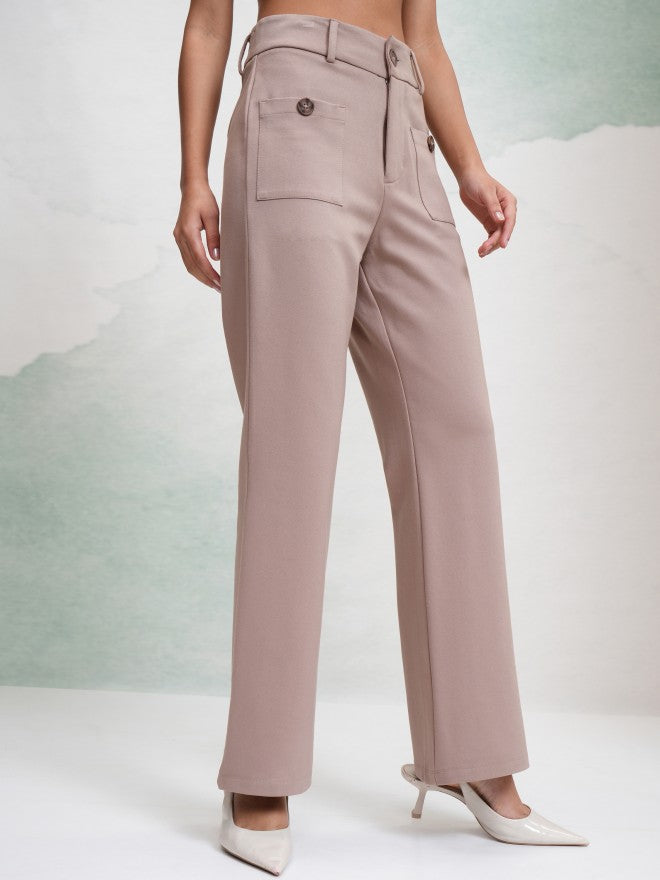 Tokyo Talkies Women Taupe Solid Flared Casual Trouser - Taupe - Image 6