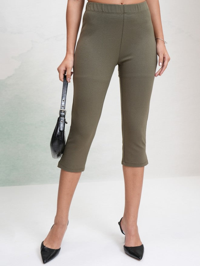 Tokyo Talkies Women Olive Solid Slim Fit Casual Trouser - Olive - Image 1