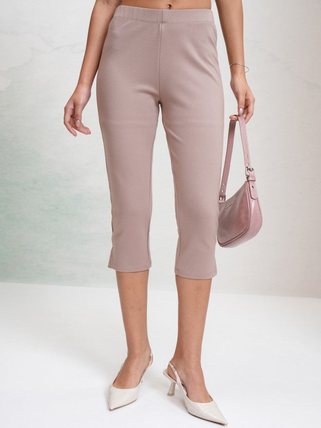 Tokyo Talkies Women Taupe Solid Slim Fit Casual Trouser - Taupe - Image 1