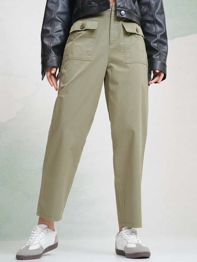 Tokyo Talkies Women Olive Solid Regular Fit Casual Trouser - Olive - Image 1