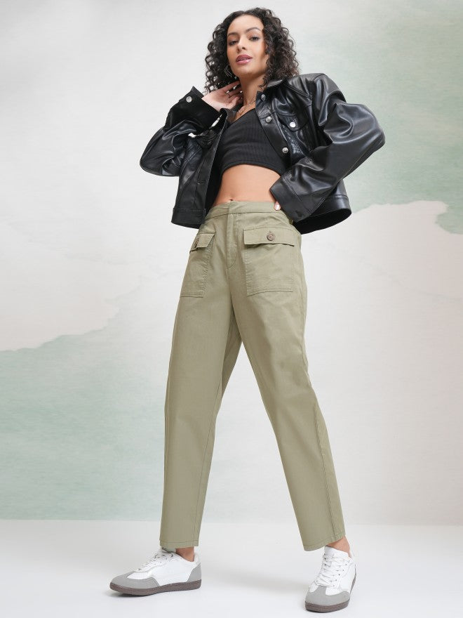 Tokyo Talkies Women Olive Solid Regular Fit Casual Trouser - Olive - Image 2
