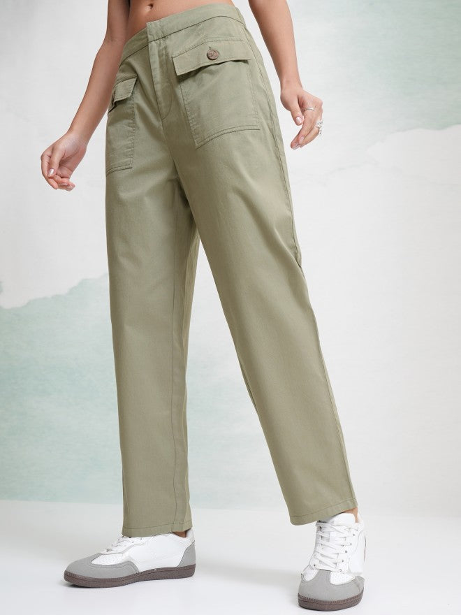 Tokyo Talkies Women Olive Solid Regular Fit Casual Trouser - Olive - Image 4