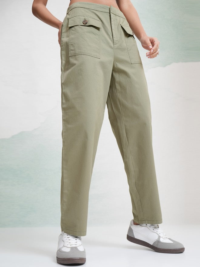 Tokyo Talkies Women Olive Solid Regular Fit Casual Trouser - Olive - Image 6