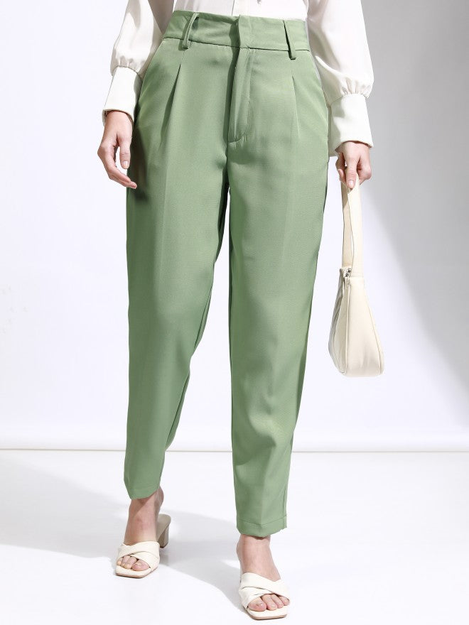 Tokyo Talkies Women Green Solid Regular Fit Casual Trouser - Green - Image 1