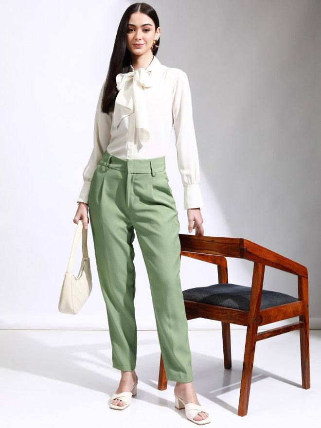 Tokyo Talkies Women Green Solid Regular Fit Casual Trouser - Green - Image 2
