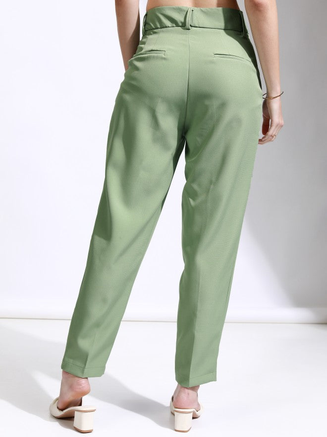 Tokyo Talkies Women Green Solid Regular Fit Casual Trouser - Green - Image 3