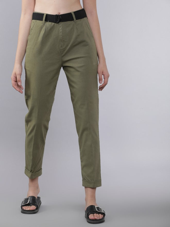 Tokyo Talkies Women Olive Solid Regular Fit Casual Trouser - Olive - Image 1